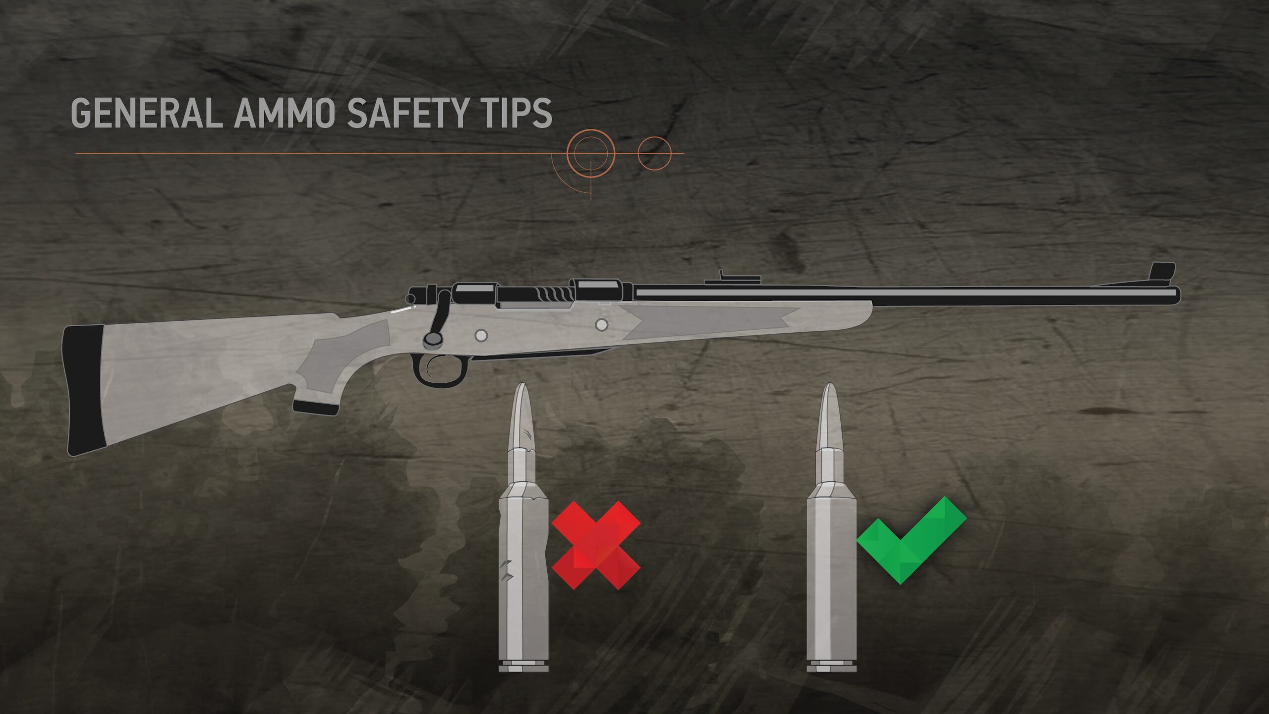 Illustration of a firearm and one dented cartridge with an "x" beside it and another un-dented cartridge with a "check" beside it.