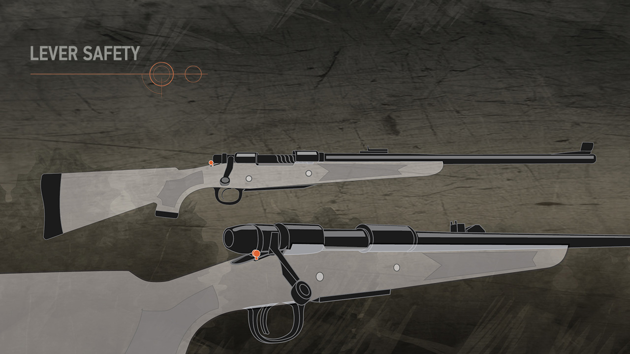 Illustration of a firearm with a lever safety highlighted in orange.