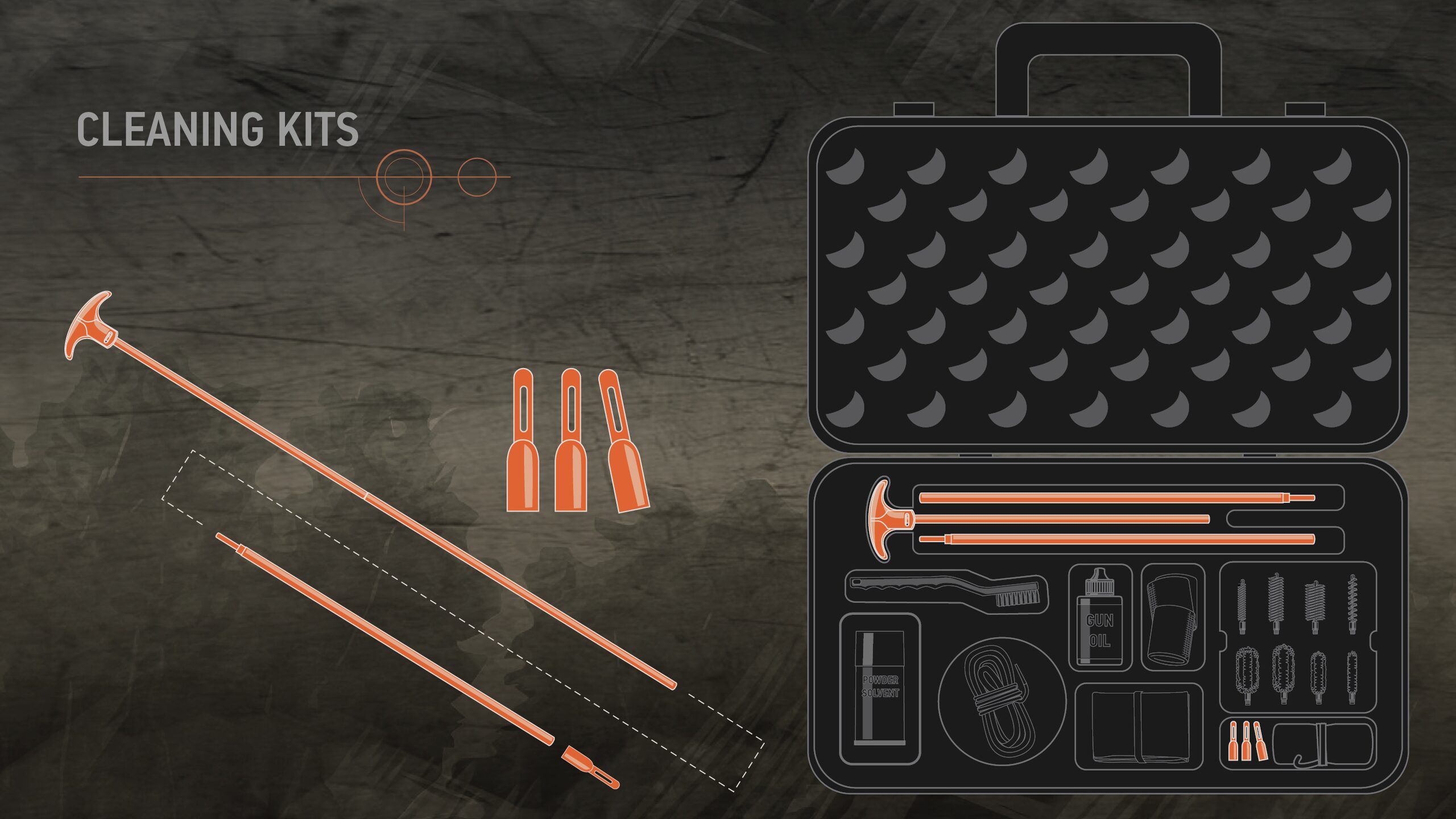 Illustration of a cleaning kit with a cleaning rod and cleaning rod tips highlighted in orange.