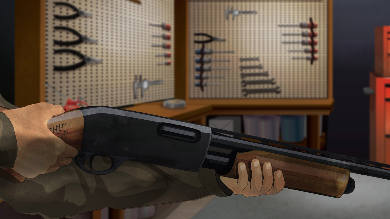 Illustration of a man's hands holding a pump action rifle.