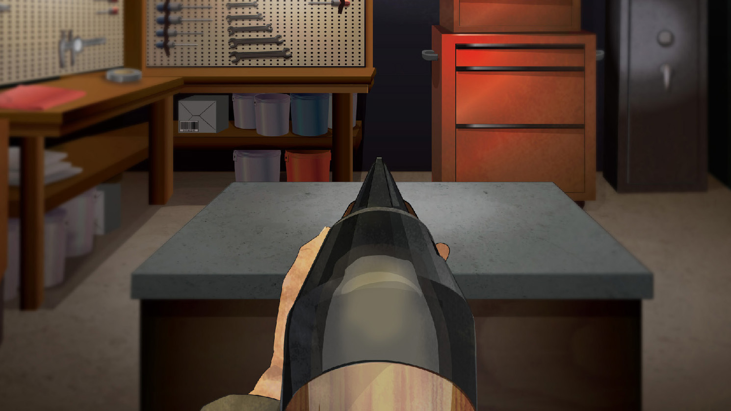 Illustration of a man's hands holding a forward facing pump action rifle.