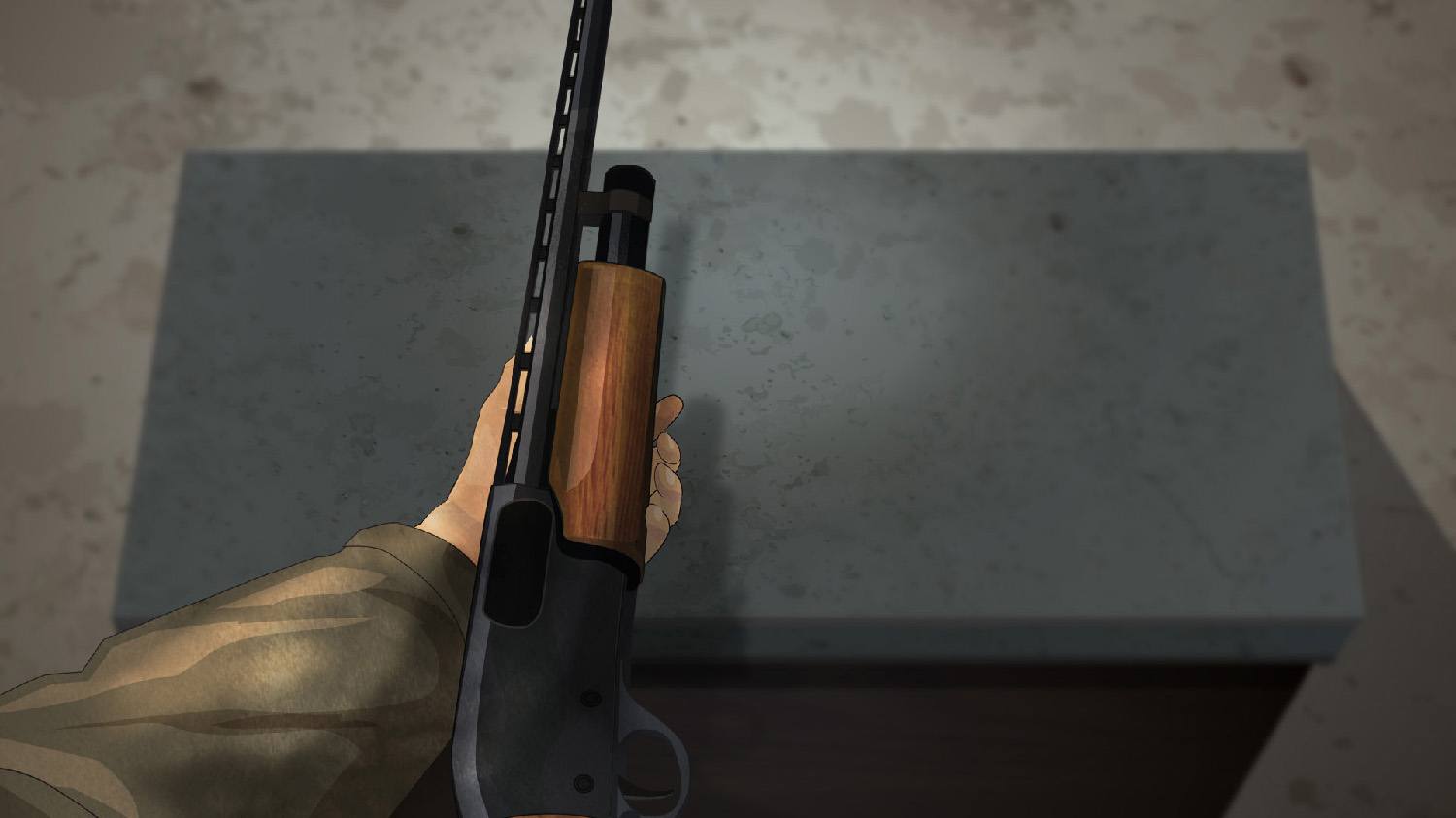 Illustration of a man's hands holding a pump action rifle on its side with the action open.