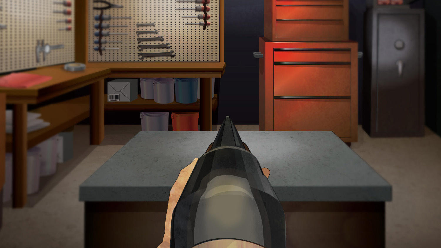 Illustration of a man's hands holding a forward facing pump action rifle.