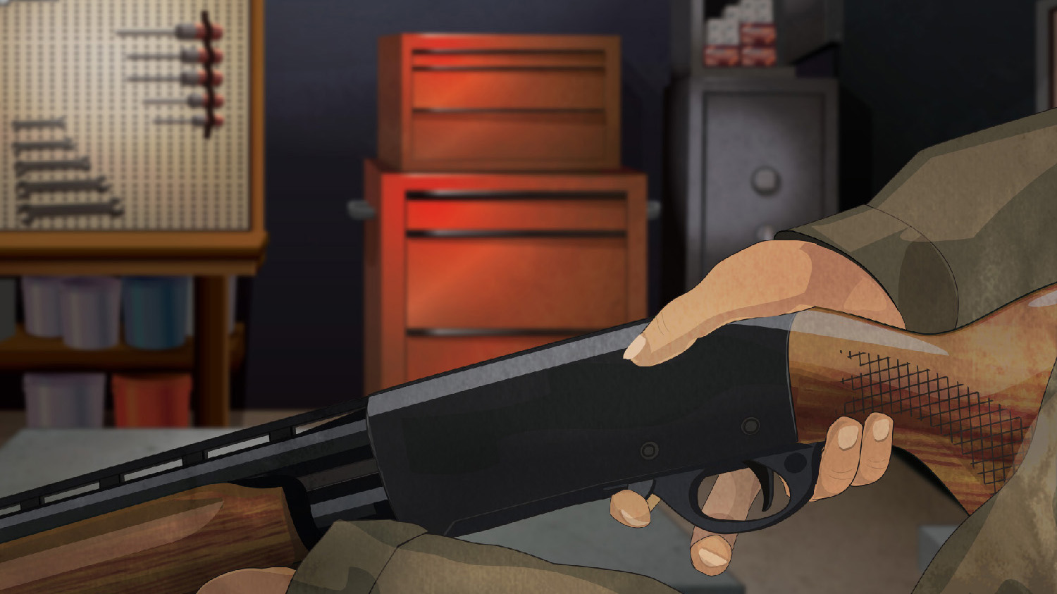 Illustration of a man's hands holding a firearm.