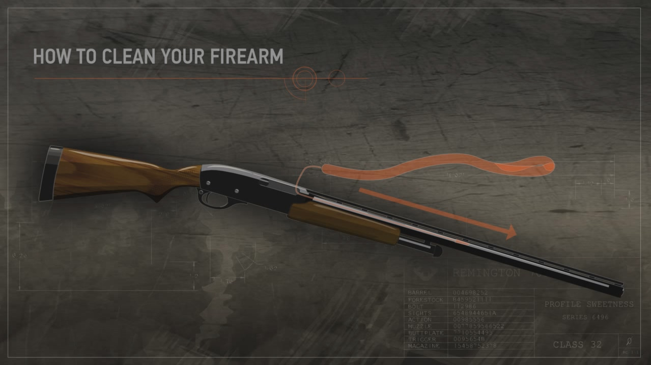 Illustration of a firearm and a cleaning rod highlighted in orange with an arrow pointing from the breech to the muzzle.
