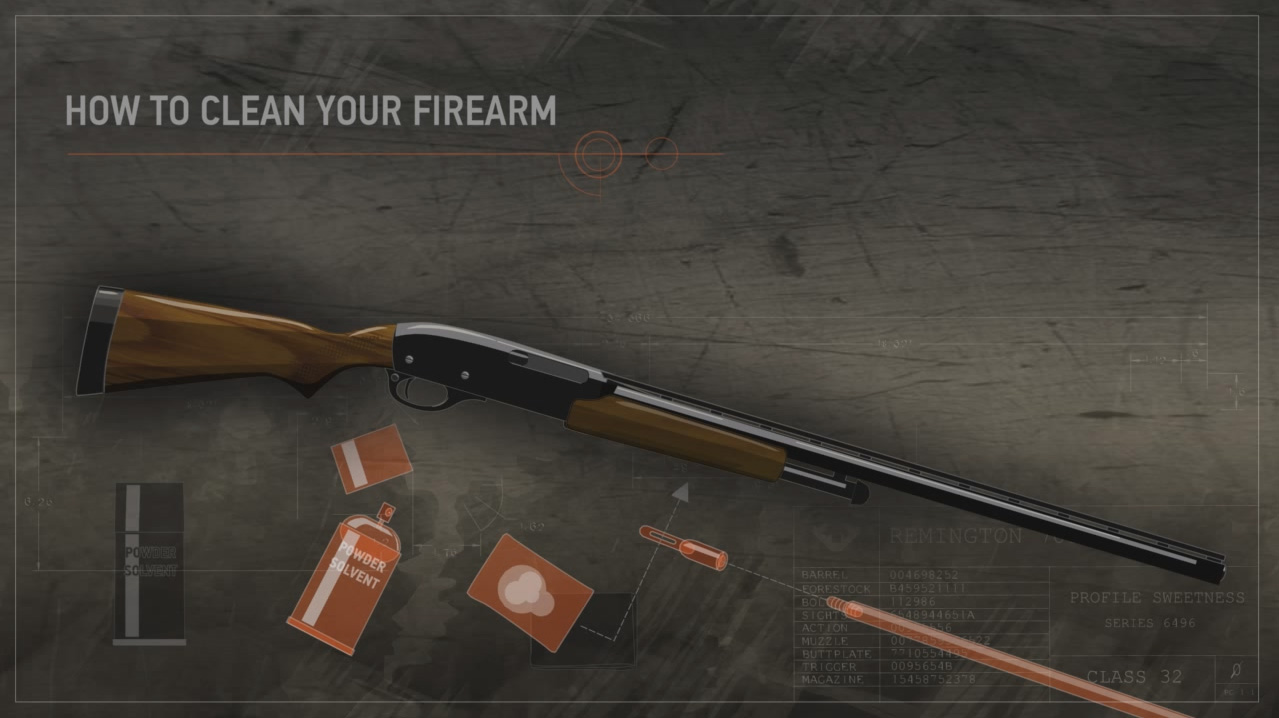 Illustration of a firearm, a can of powder solvent and a moistened cloth with an arrow pointing through the tip of a cleaning rod.