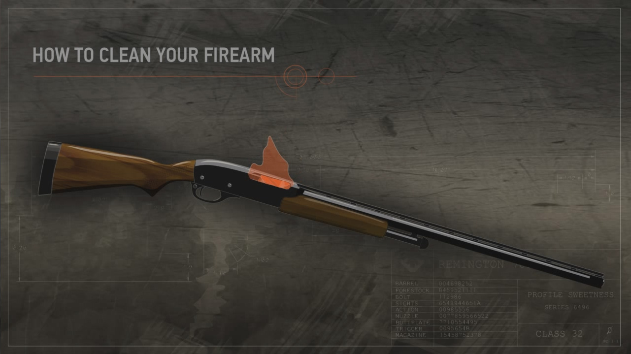 Illustration of a cloth highlighted in orange entering into the open action of a firearm.