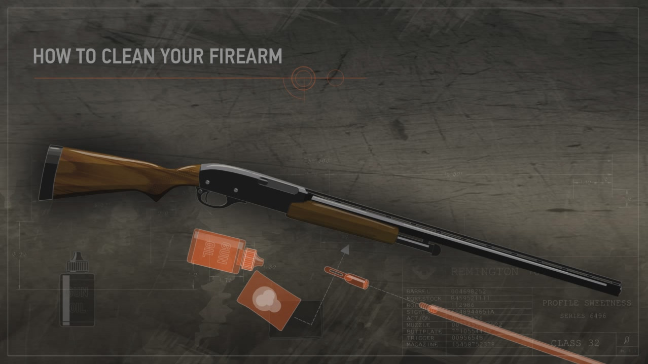 Illustration of a firearm, a bottle of gun oil and a moistened cloth with an arrow pointing through the tip of a cleaning rod.