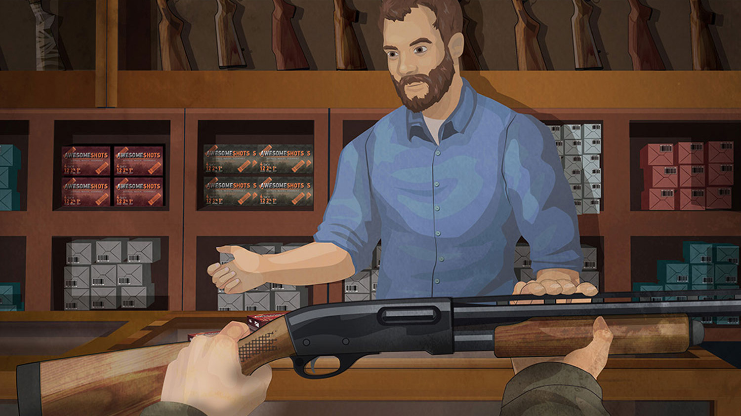 Illustration of a man's hands handing a firearm to a firearm repairman behind a retail counter.