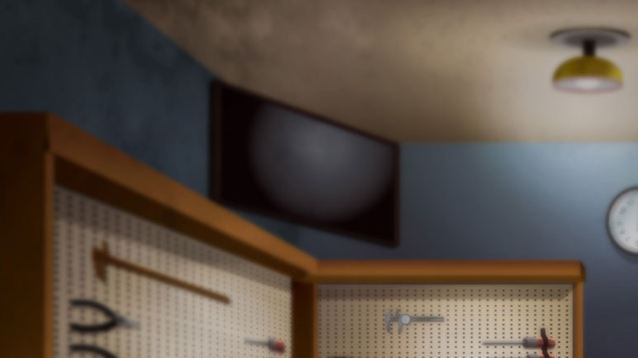 Illustration of a television in a garage.