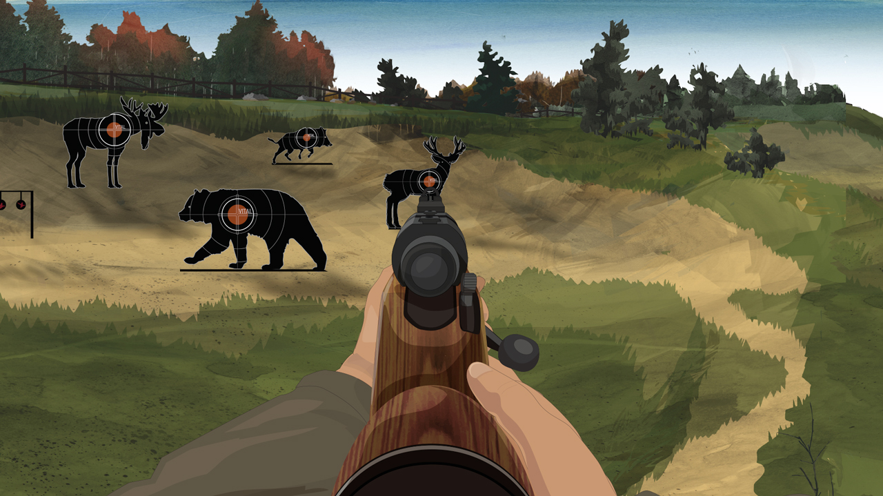 Illustration of a hunter's hands holding a forward facing firearm.
