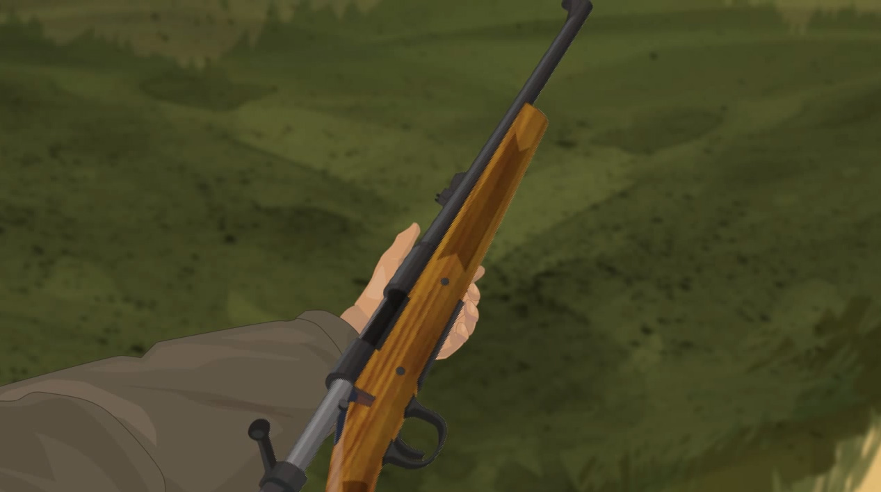 Illustration of a hunter's hands holding a firearm on its side with the action open.