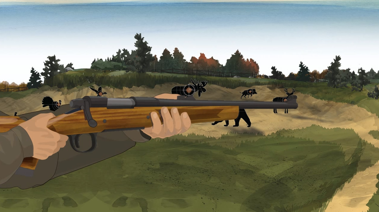 Illustration of a hunter's hands holding a bolt action rifle.