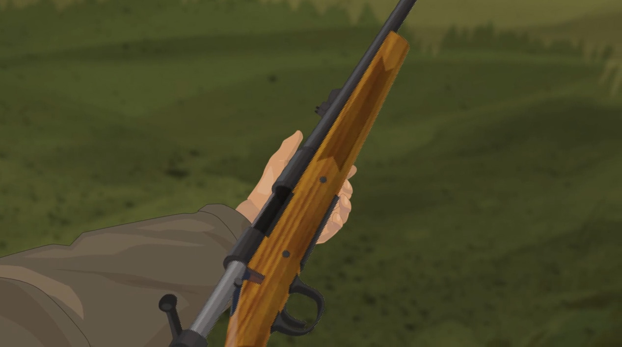 Illustration of a hunter's hands holding a bolt action rifle on its side with the action open.