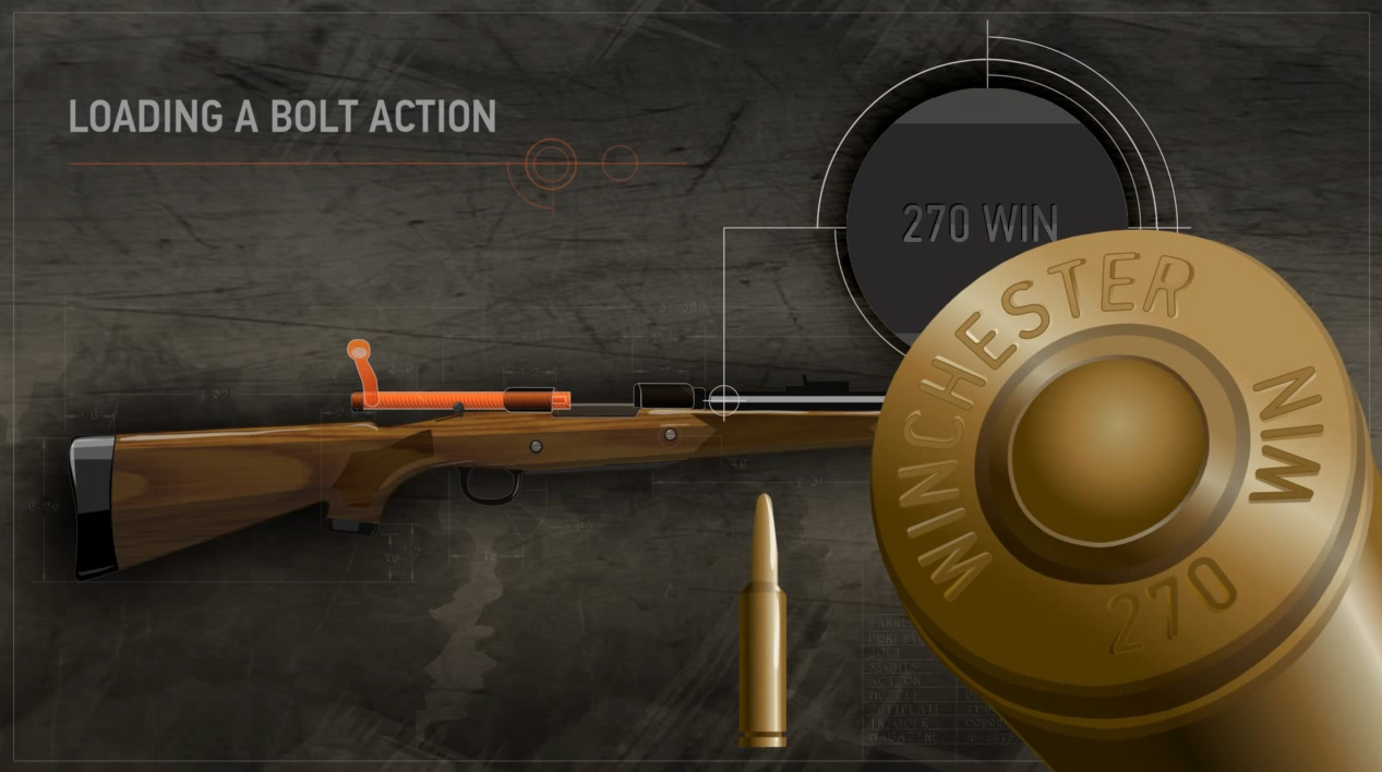Illustration of a bolt action rifle with a close up of its data stamp and the matching cartridges head stamp.