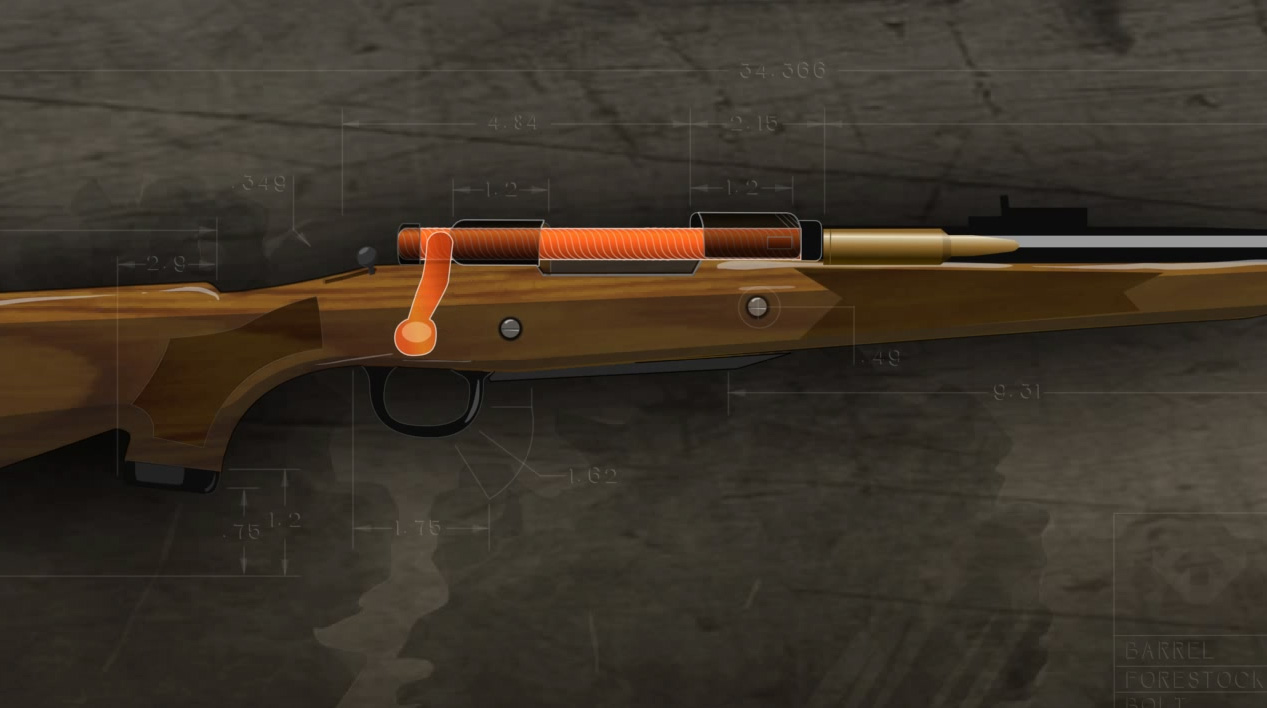 Illustration of the inside of a loaded bolt action rifle with the action closed.