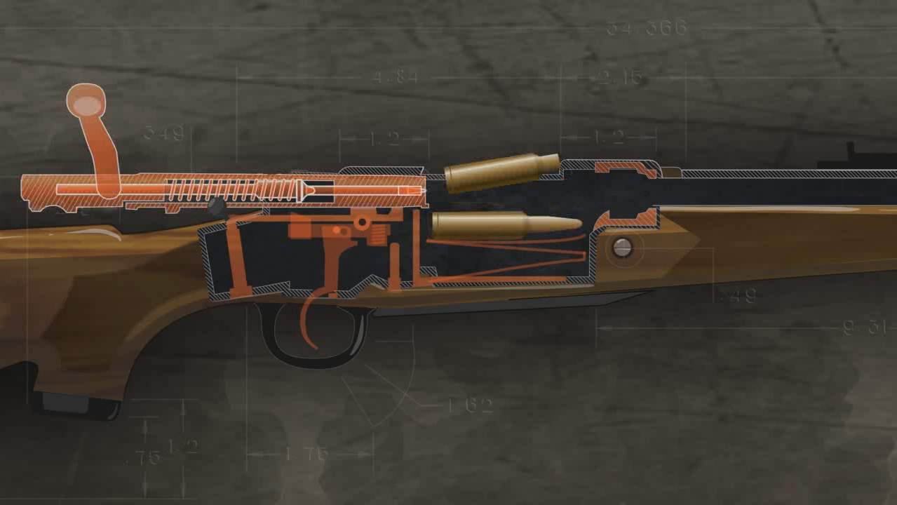 Illustration shows the inside of a bolt action rifle with the bolt handle pulled back and an empty cartridge being ejected from the chamber as another enters it.
