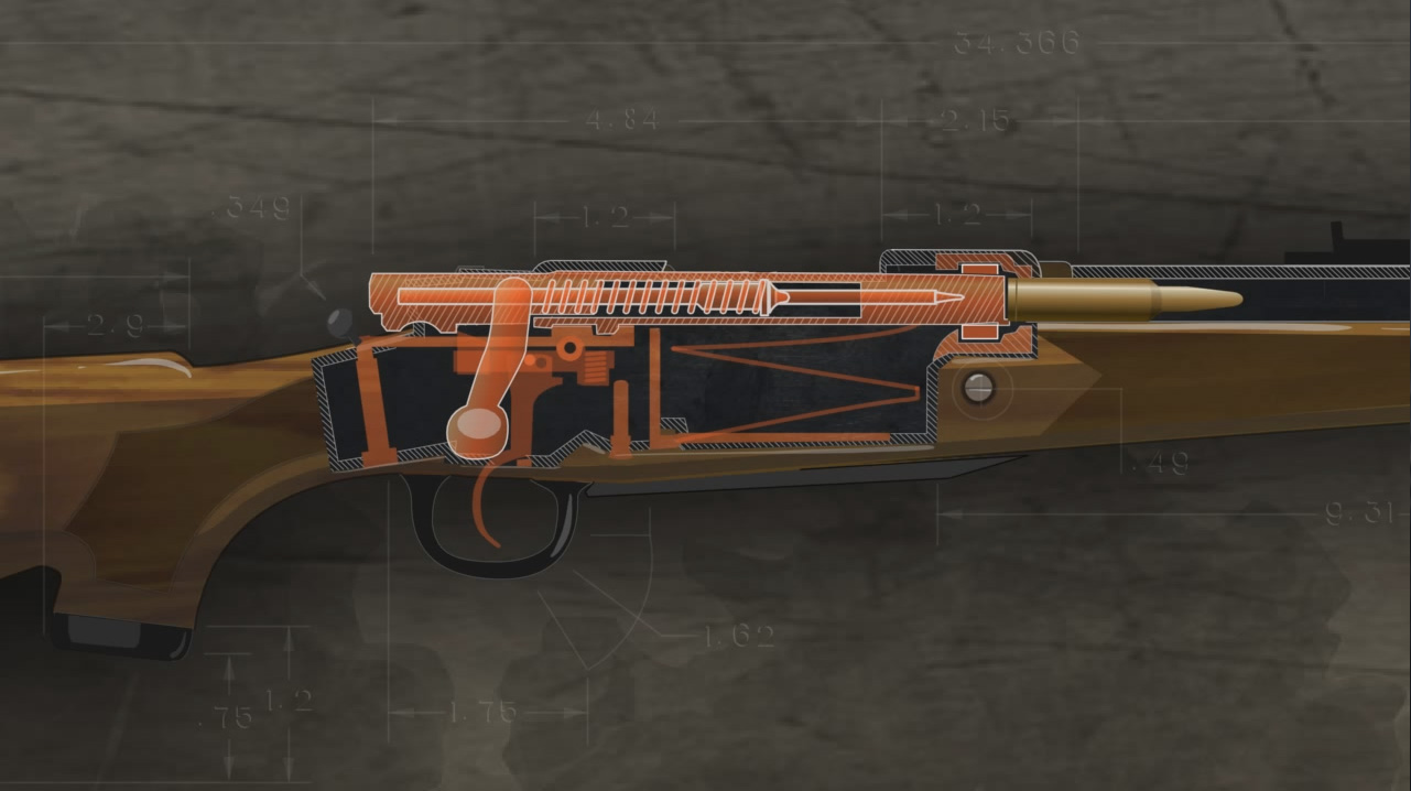 Illustration of the inside of a loaded bolt action rifle. 