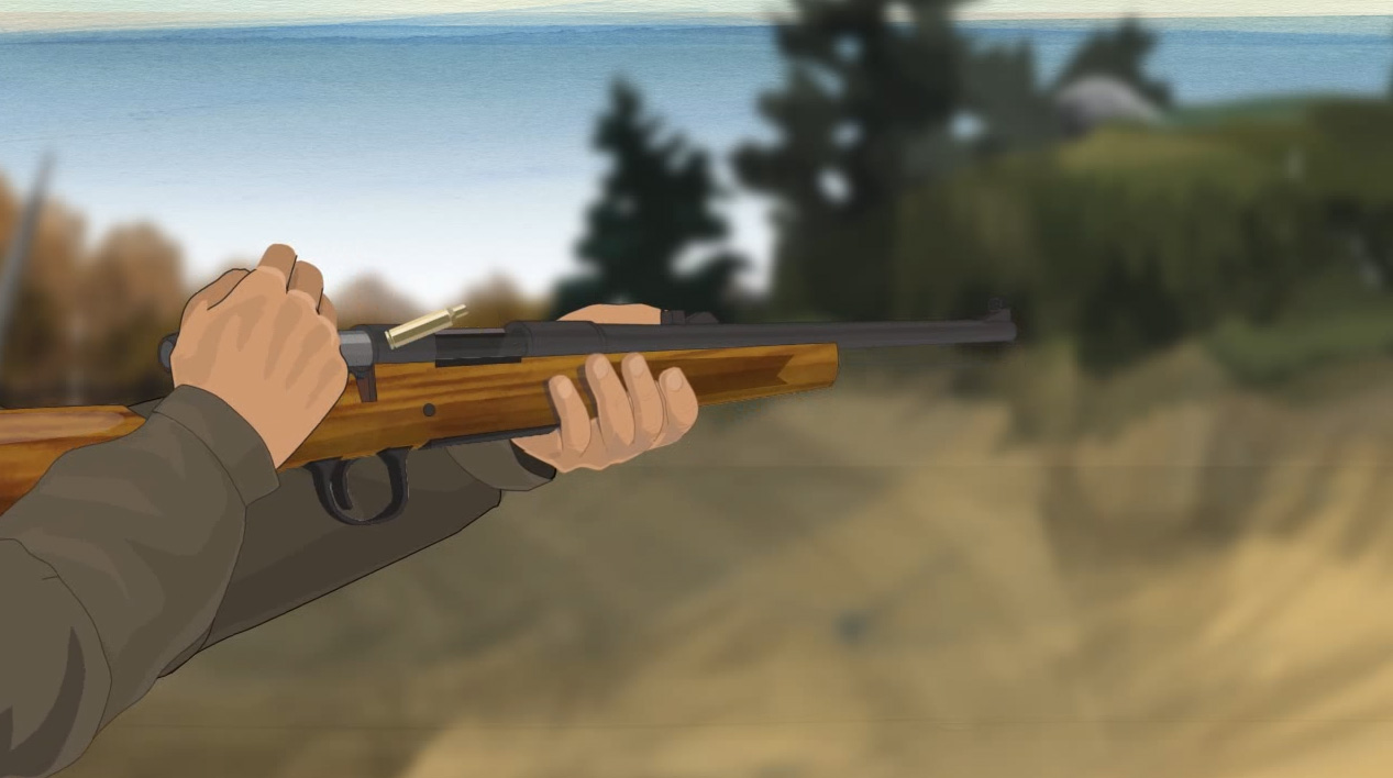 Illustration of a hunter's hands opening the bolt action rifle's action.