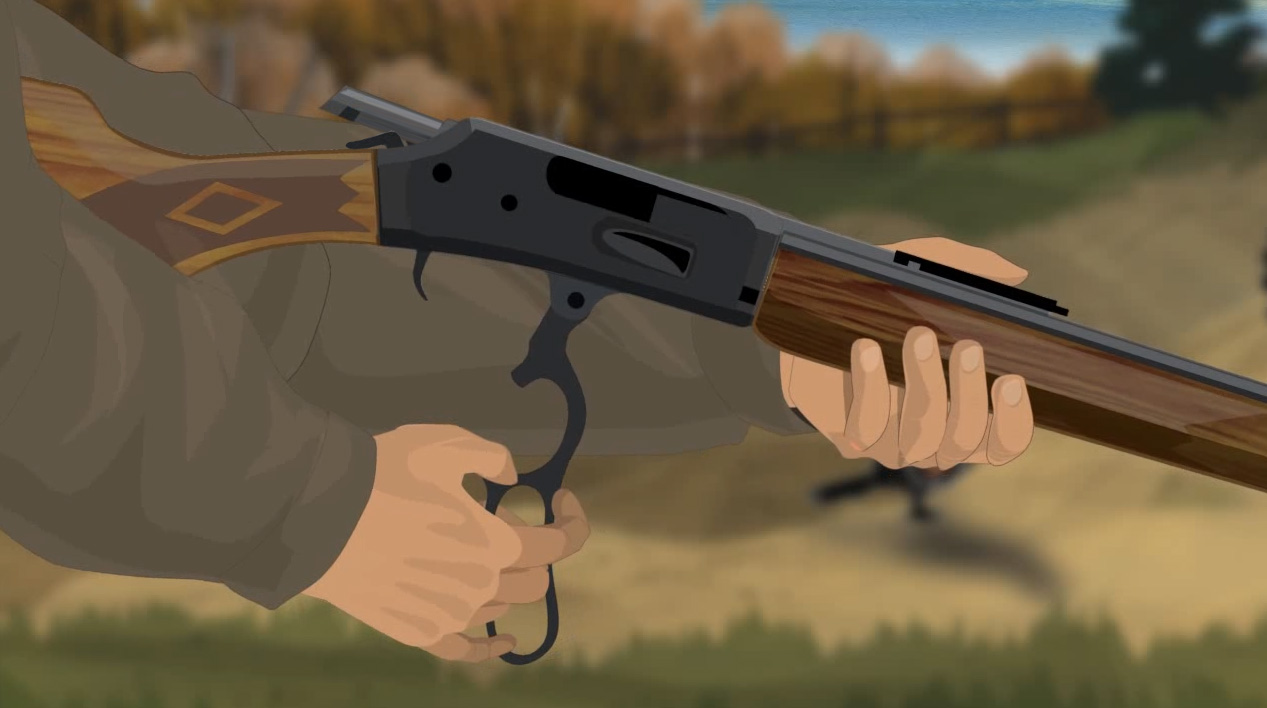 Illustration of a hunter's hands opening a lever action rifle's action.