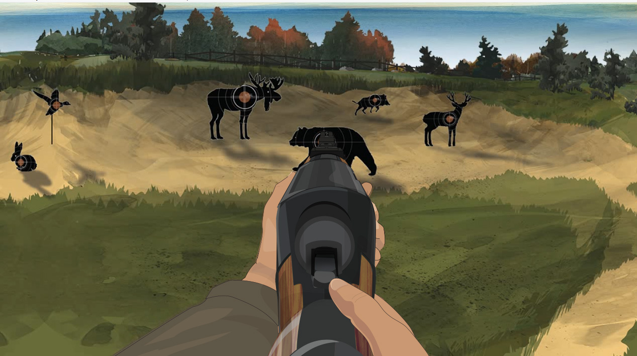 Illustration of a hunter holding a lever action rifle forward.