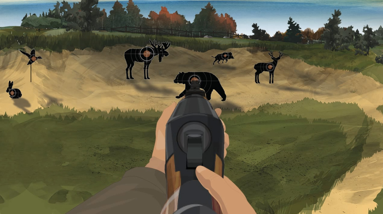 Illustration of a hunter's hands holding a forward facing lever action rifle.