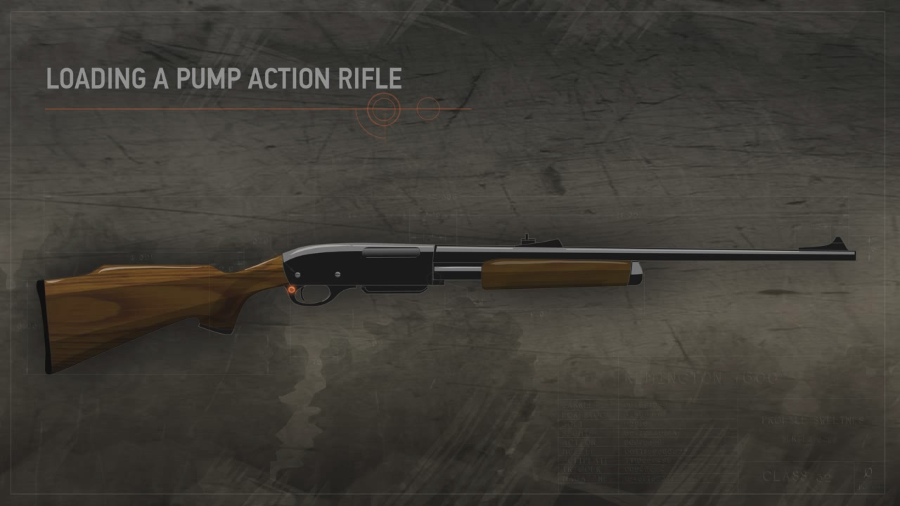 Illustration of a pump action rifle with the safety highlighted in orange.