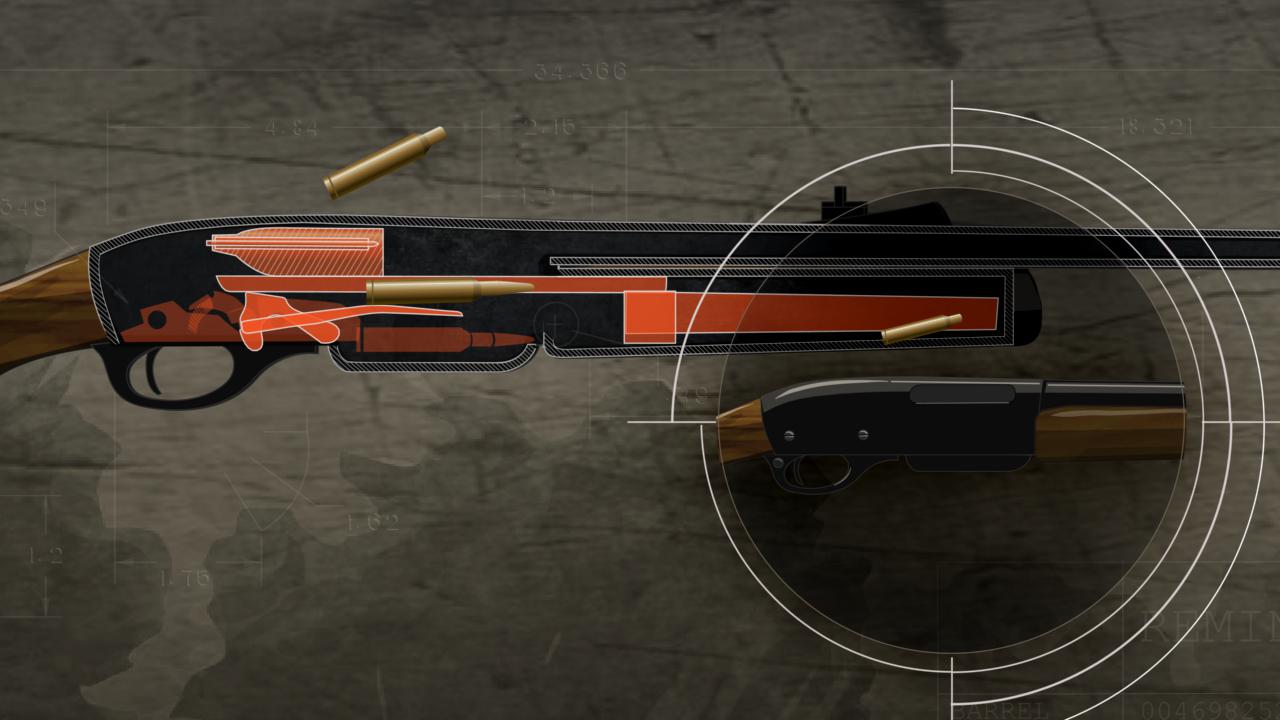 Illustration of the inside of a pump action rifle being loaded as the action is closed and the spent cartridge is ejected.