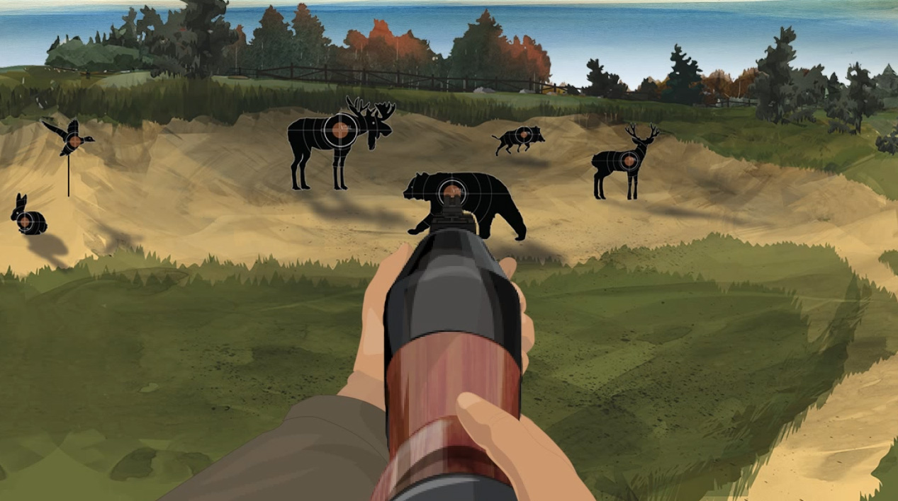Illustration of a hunter's hands holding a forward facing pump action rifle.