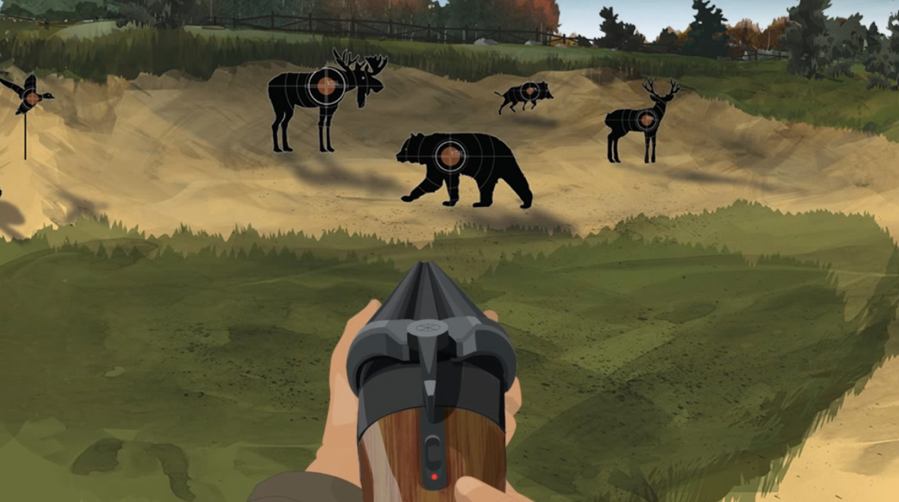 Illustration of a hunter's hands holding a forward facing break action shotgun.