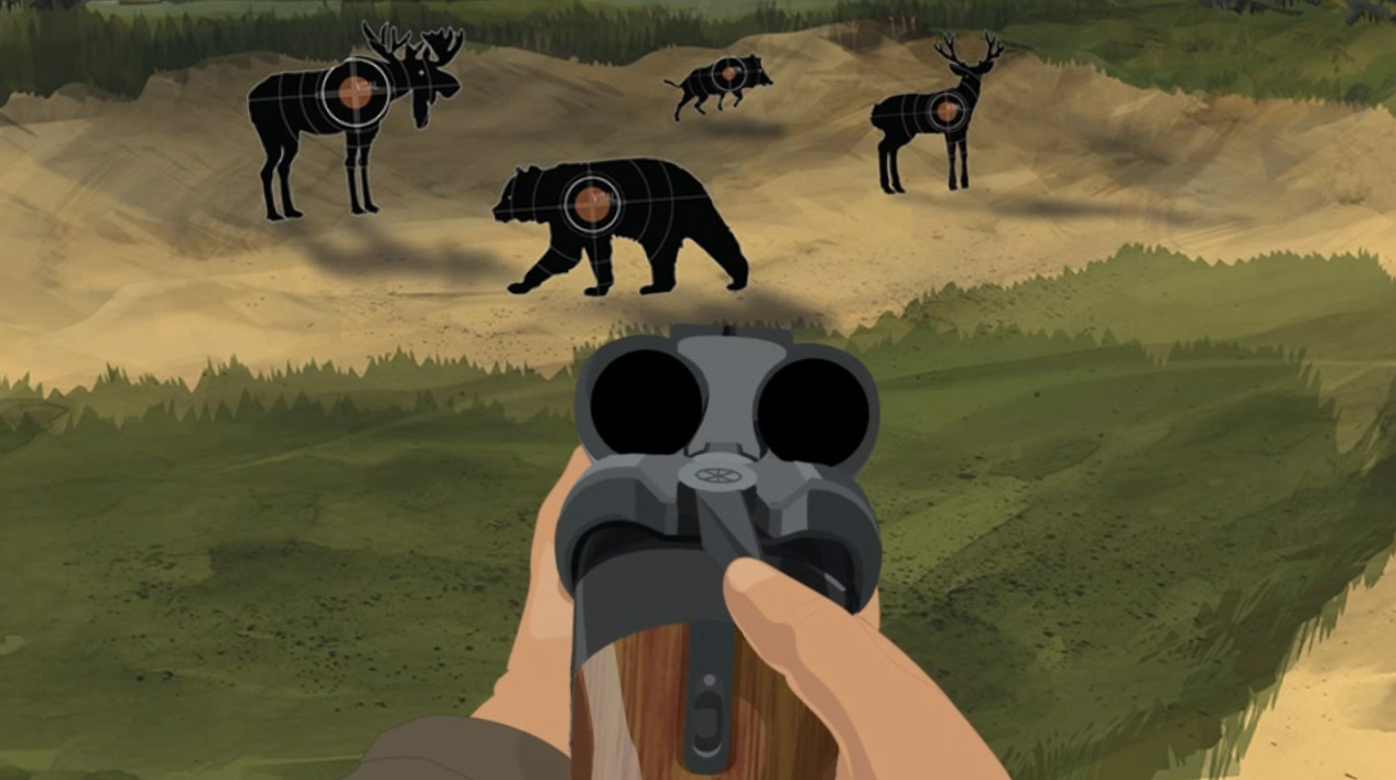 Illustration of a hunter's hands holding a break action shotgun with an open action to check the chambers for ammunition.