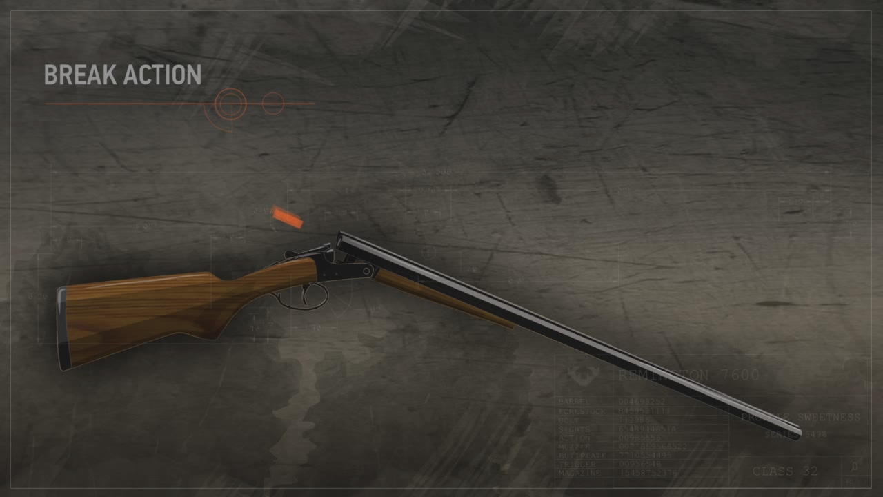 Illustration of a break action shotgun with the action open and ammunition highlighted in orange being inserted into the chambers.