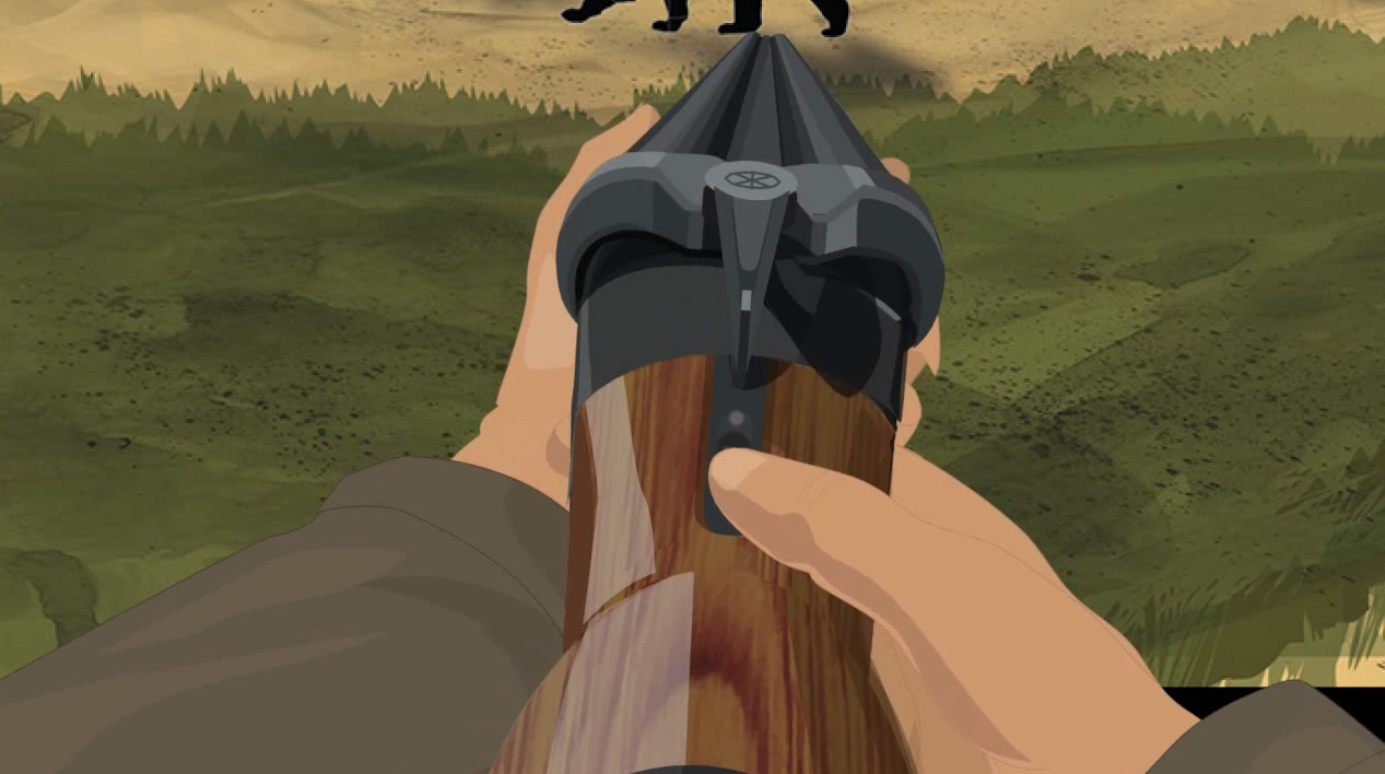 Illustration of a hunter's hands turning on a break action shotgun's safety.