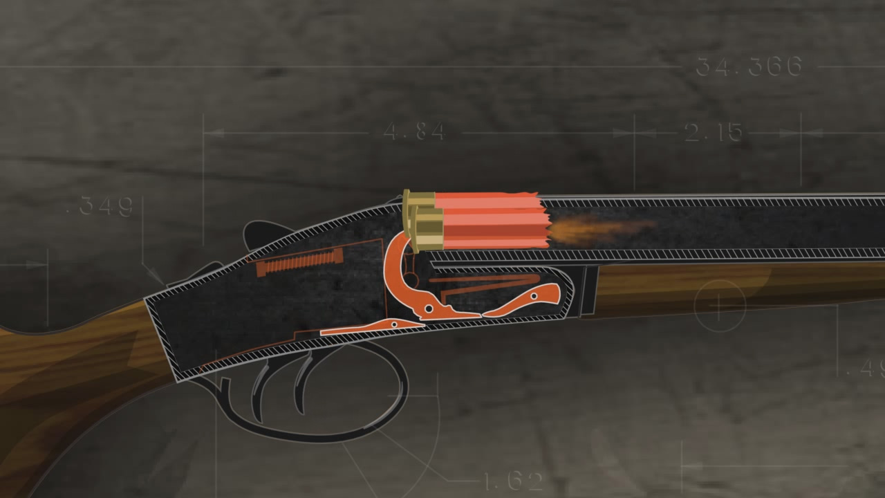 Illustration of the firing pin striking and firing the ammunition in a break action shotgun.