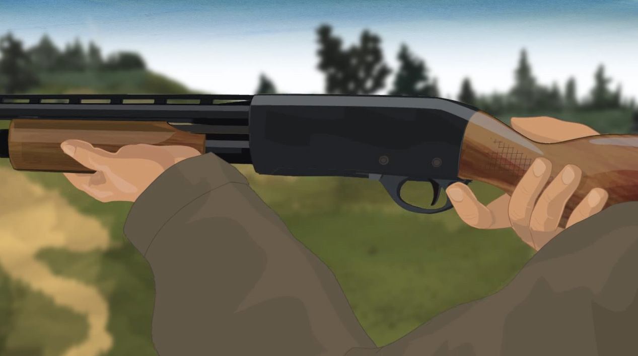Illustration of a hunter's hands turning on a pump action shotgun's safety.