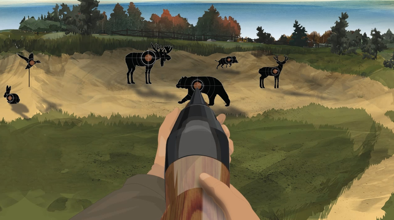 Illustration of a hunter's hands holding a forward facing pump action shotgun.