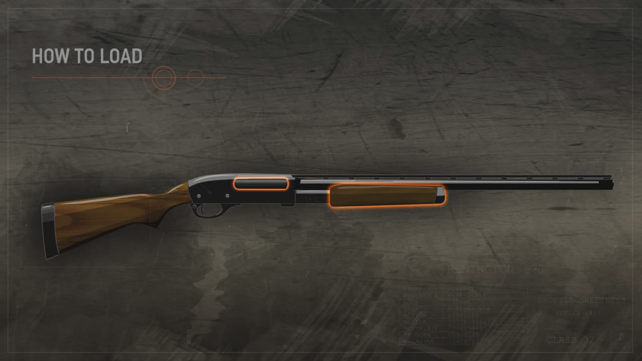 Illustration of a pump action shotgun with the action closed and the forestock in the forward position.