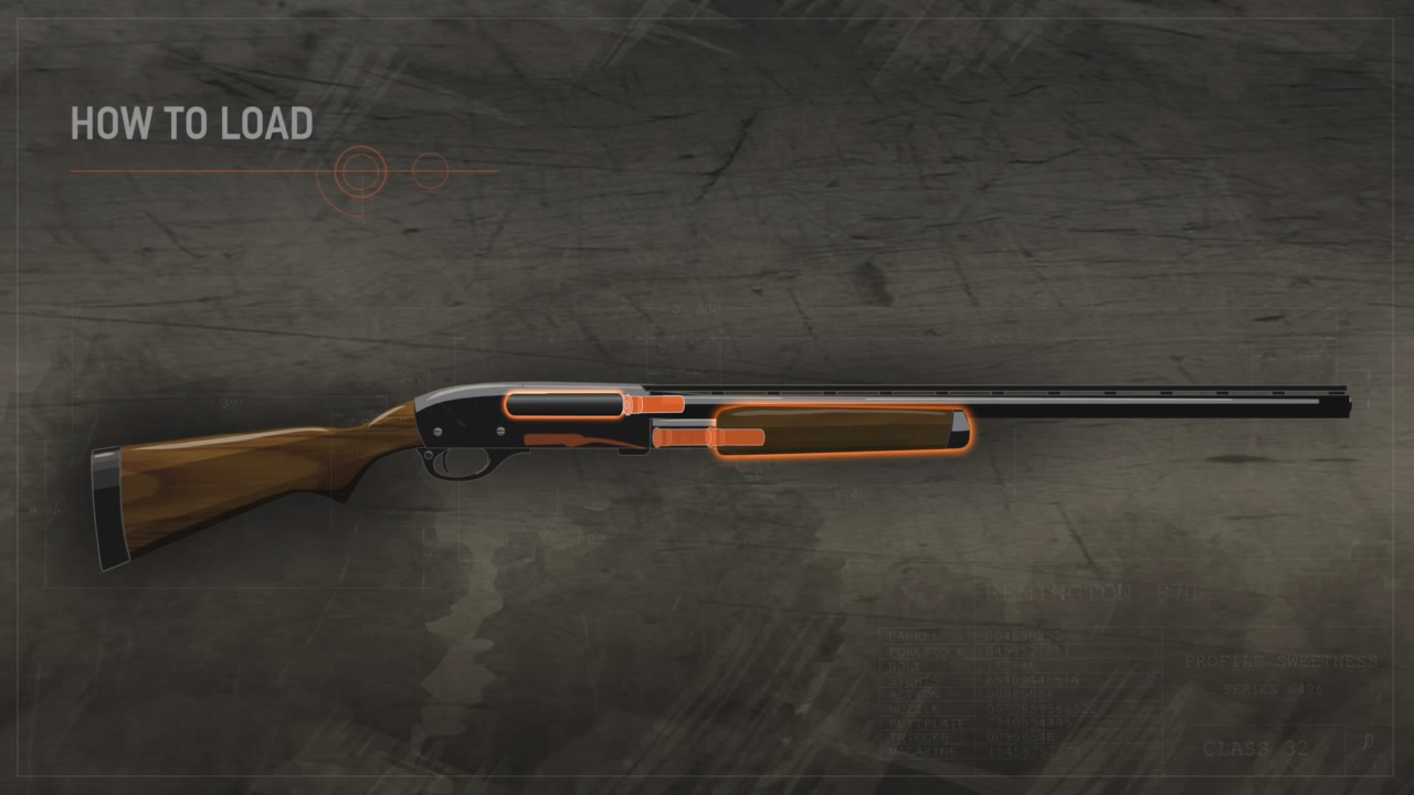 Illustration of a pump action shotgun's action being cycled to load a cartridge into the chamber.