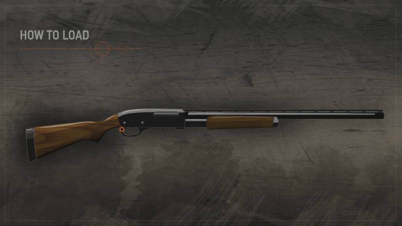 Illustration of a pump action shotgun with the safety highlighted in orange.