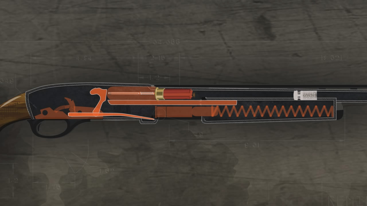 Illustration of the inside of a pump action shotgun being fired.