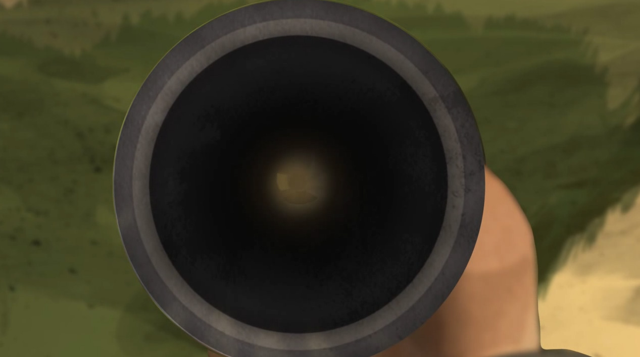 Illustration of the view down the smooth barrel of a pump action shotgun.
