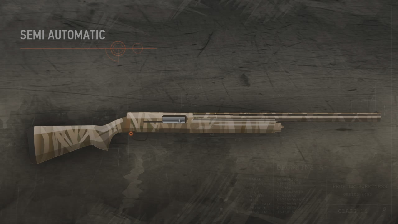 Illustration of a semi-automatic action shotgun with the safety highlighted in orange.