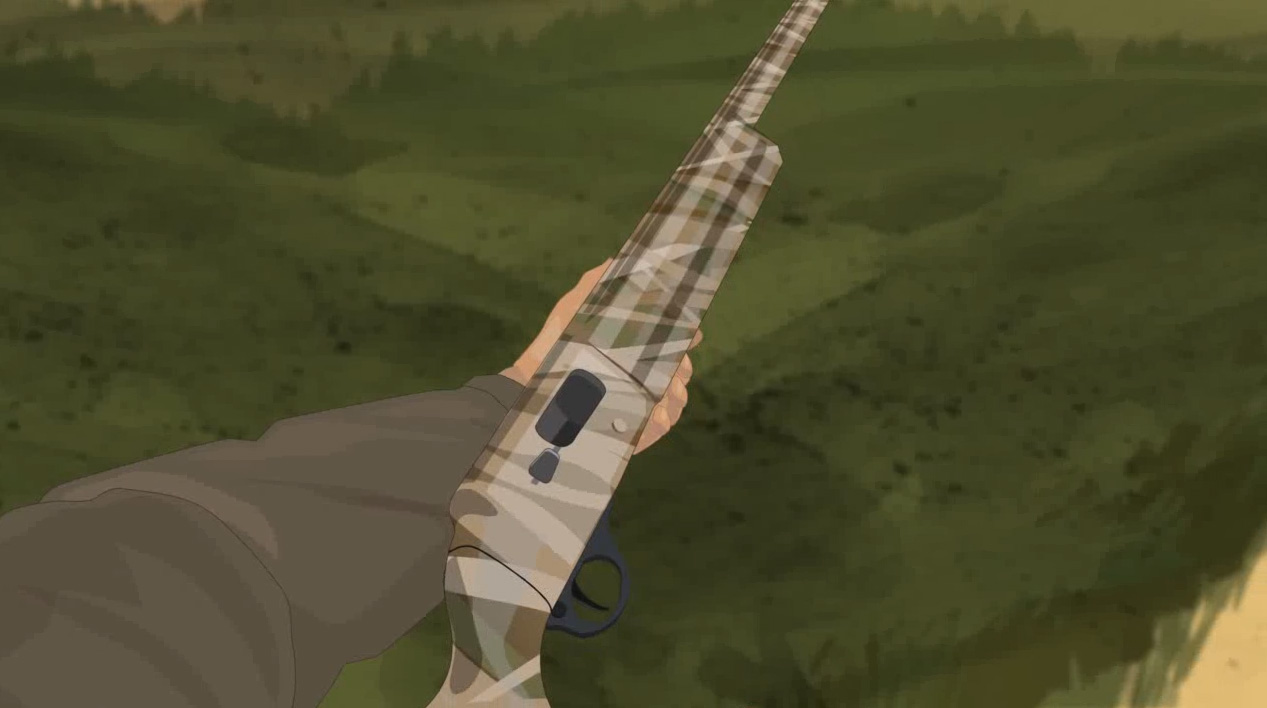 Illustration of a hunter's hands holding a semi-automatic action shotgun on its side with the action open.