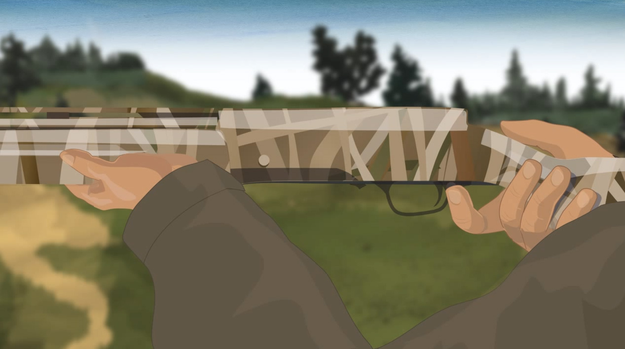 Illustration of a hunter;s hands turning on a semi-automatic action shotgun's safety.