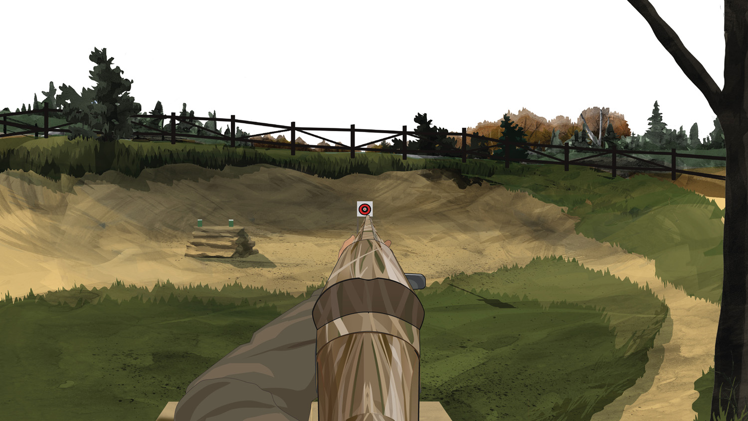 Illustration of a hunter's hands holding a forward facing semi-automatic action shotgun.