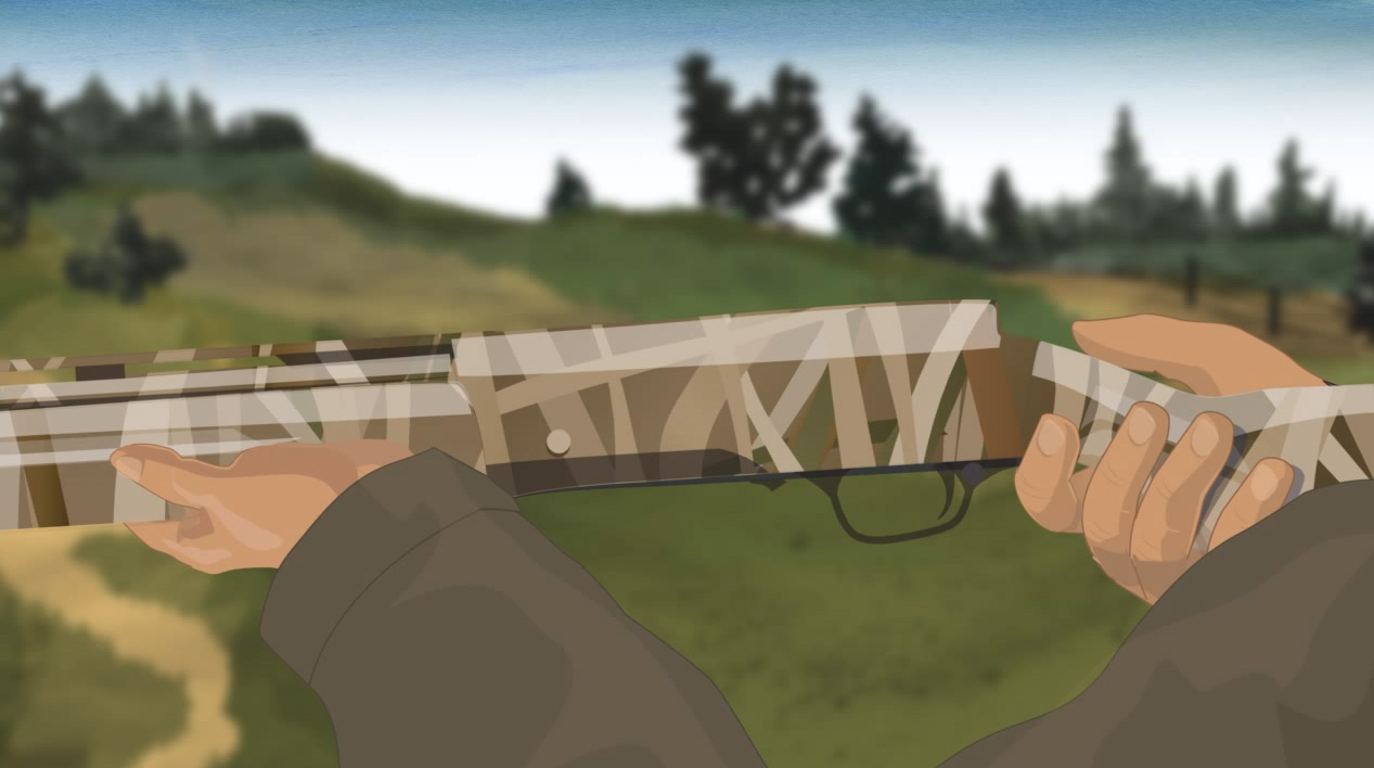 Illustration of a hunter's hands keeping off of a semi-automatic action shotgun's trigger.