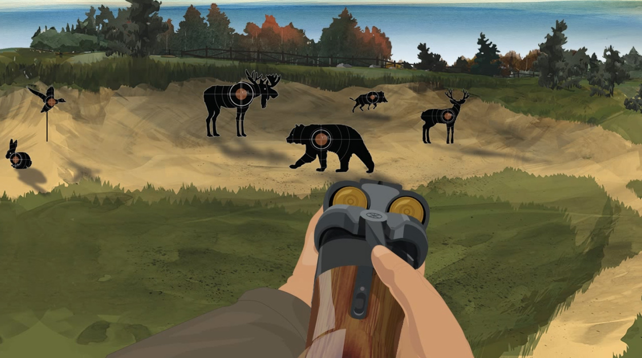 Illustration of a hunter's hangs holding a break action shotgun with the action open and a shotshell in each chamber.