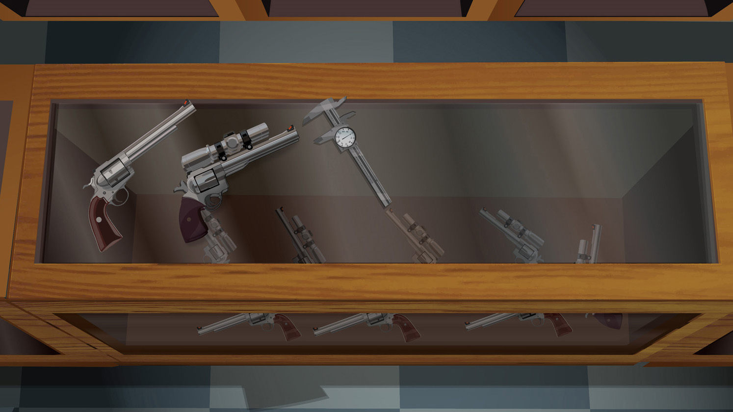 Illustration of a retail gun counter with two handguns and a tool for measuring bore diameter on top.