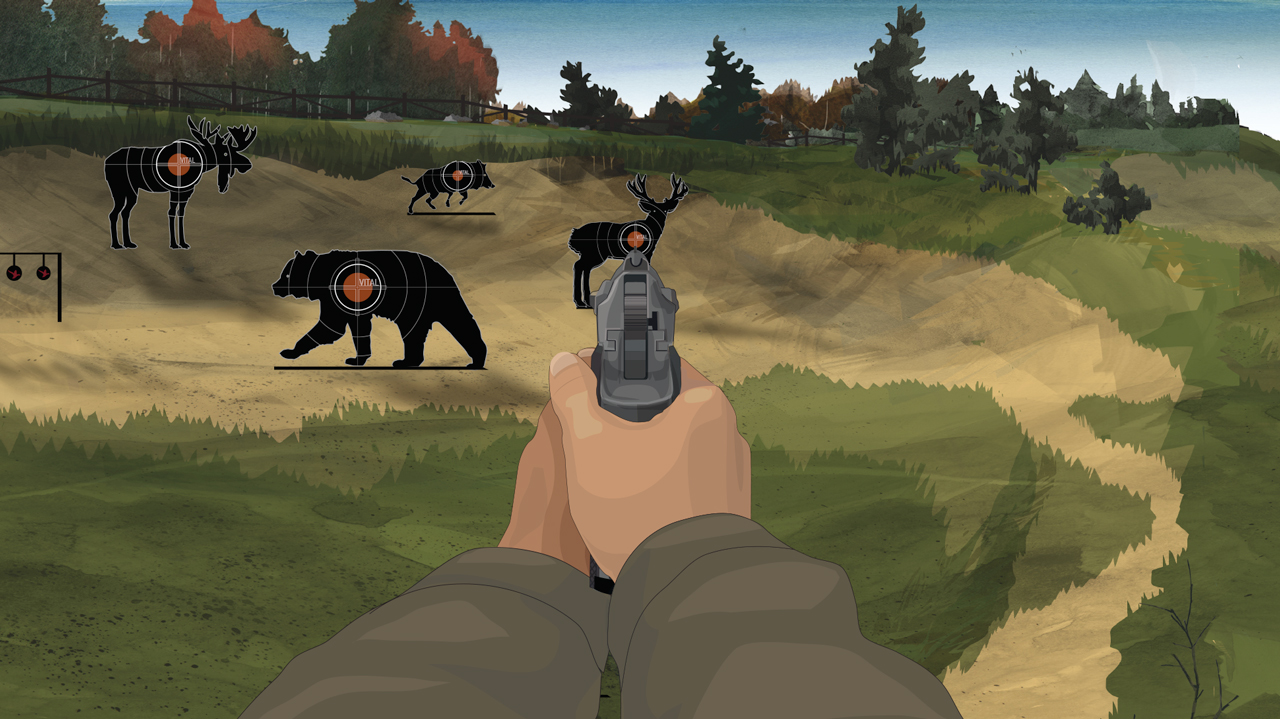 Illustration of a man's hands holding a forward facing semi-auto pistol.