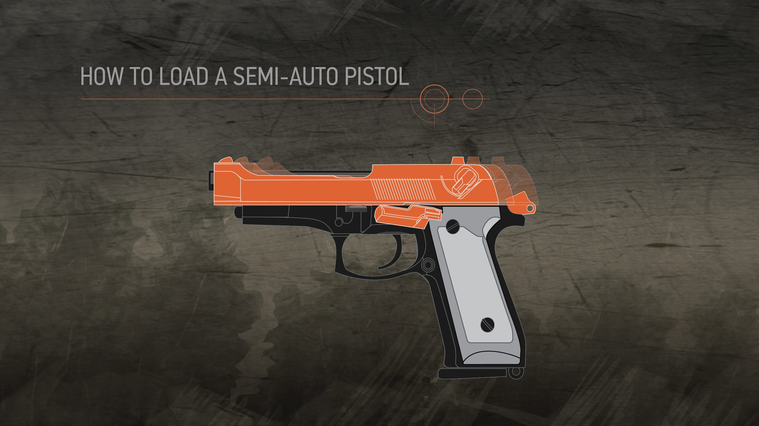 Illustration of a semi-auto pistol's slide being pulled back.